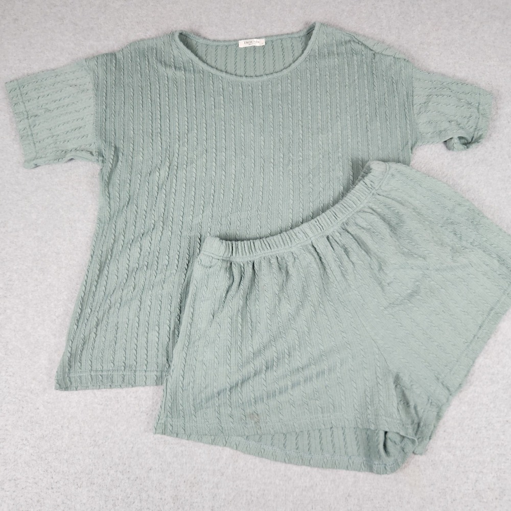 Ekouaer Pajama Set Womens Large Sage Green Cable Knit Short Sleeve Loungewear